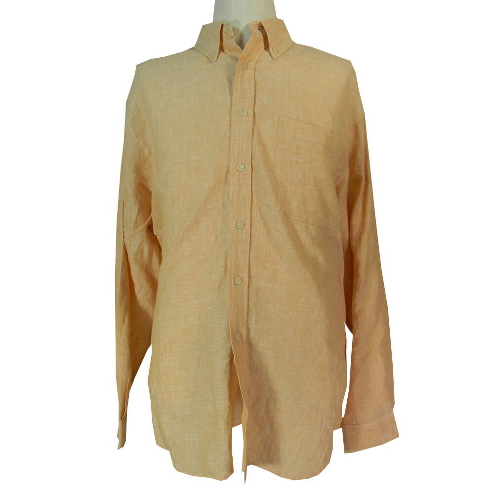 Visitor Button Down Mens L Orange Linen Shirt Long Sleeve Tropical Solid Pocket